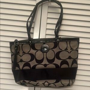 Coach Black and Brown Signature Tote with Leather Trim